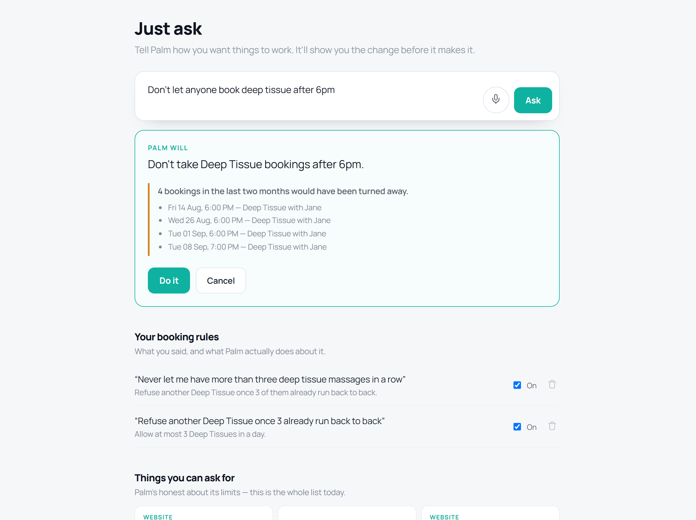 Just ask: your booking rules, what you said and what Palm does about it